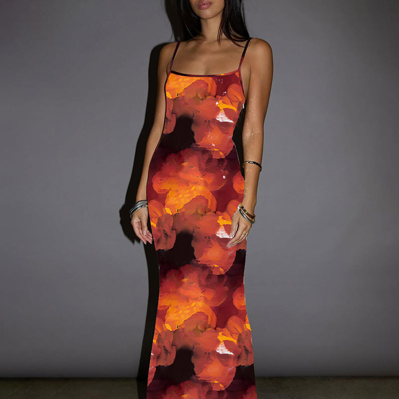Red Spaghetti Strap Printed Bodycon Dress
