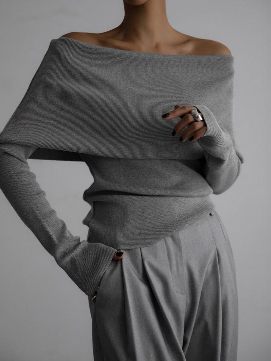 Grey Off-Shoulder Solid Sweater