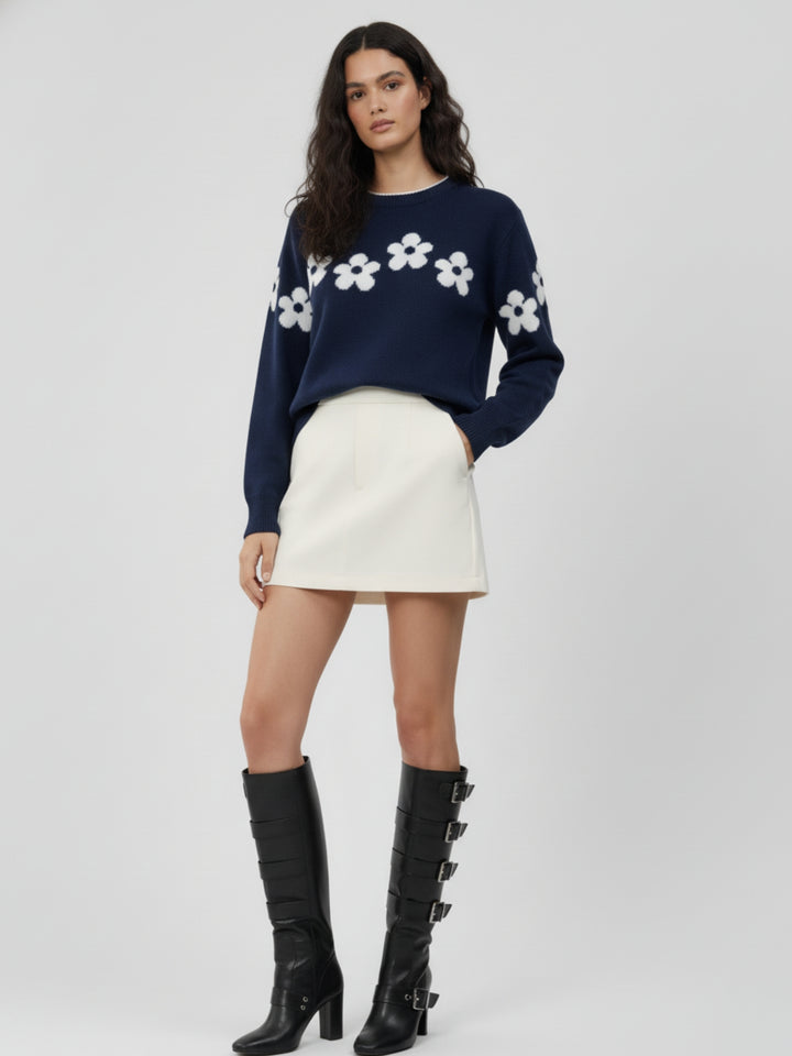Navy Blue Full Sleeve Round Neck Printed Sweater