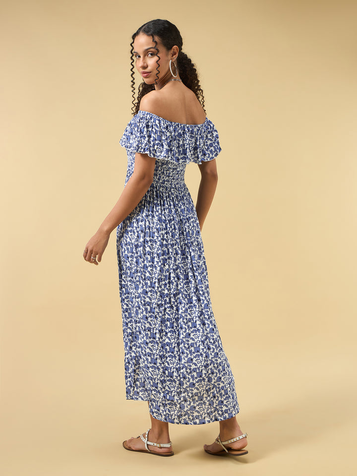 Blue Off Shoulder High Slit Dress