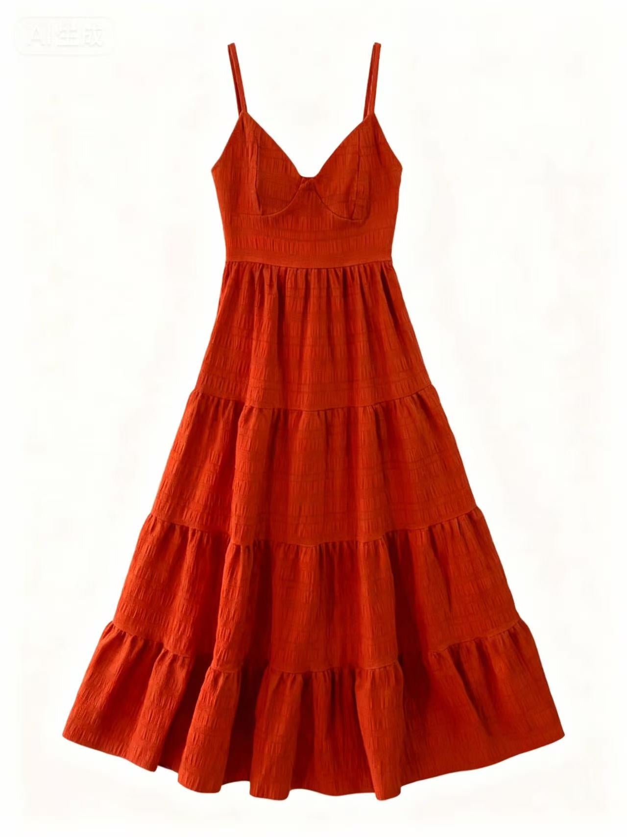 Orange Shoulder Strap Back Bow Tiered Dress