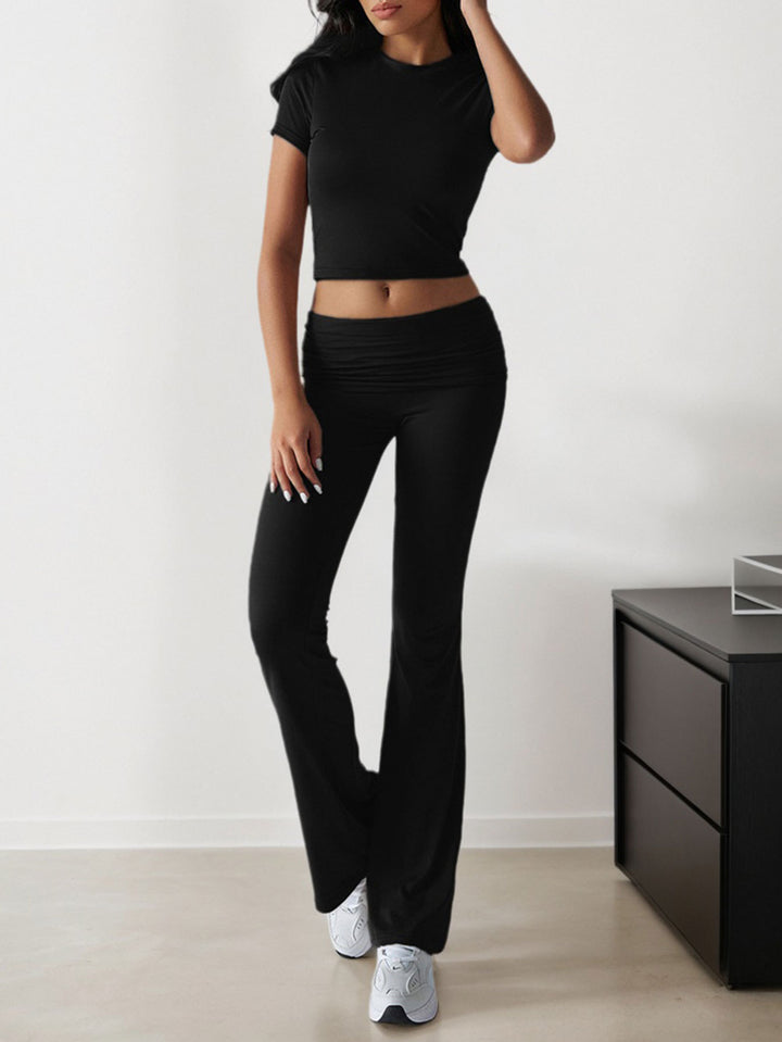 Black Short Sleeve Top & Waist Ruched Pant Set