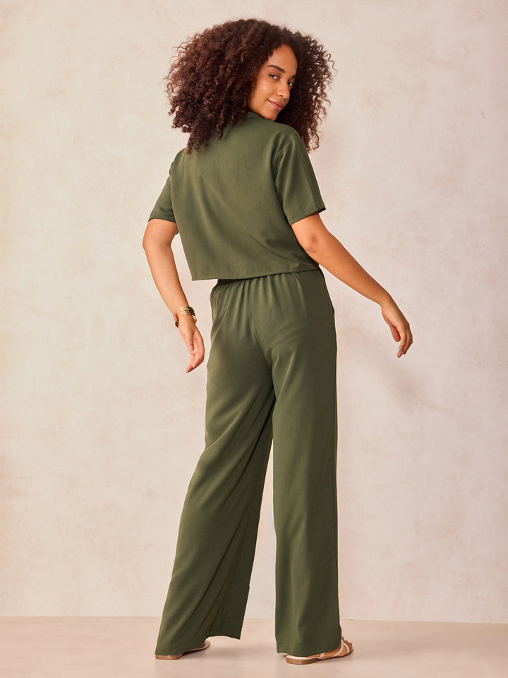Olive Crop Shirt And Wide Leg Pant Coord Set