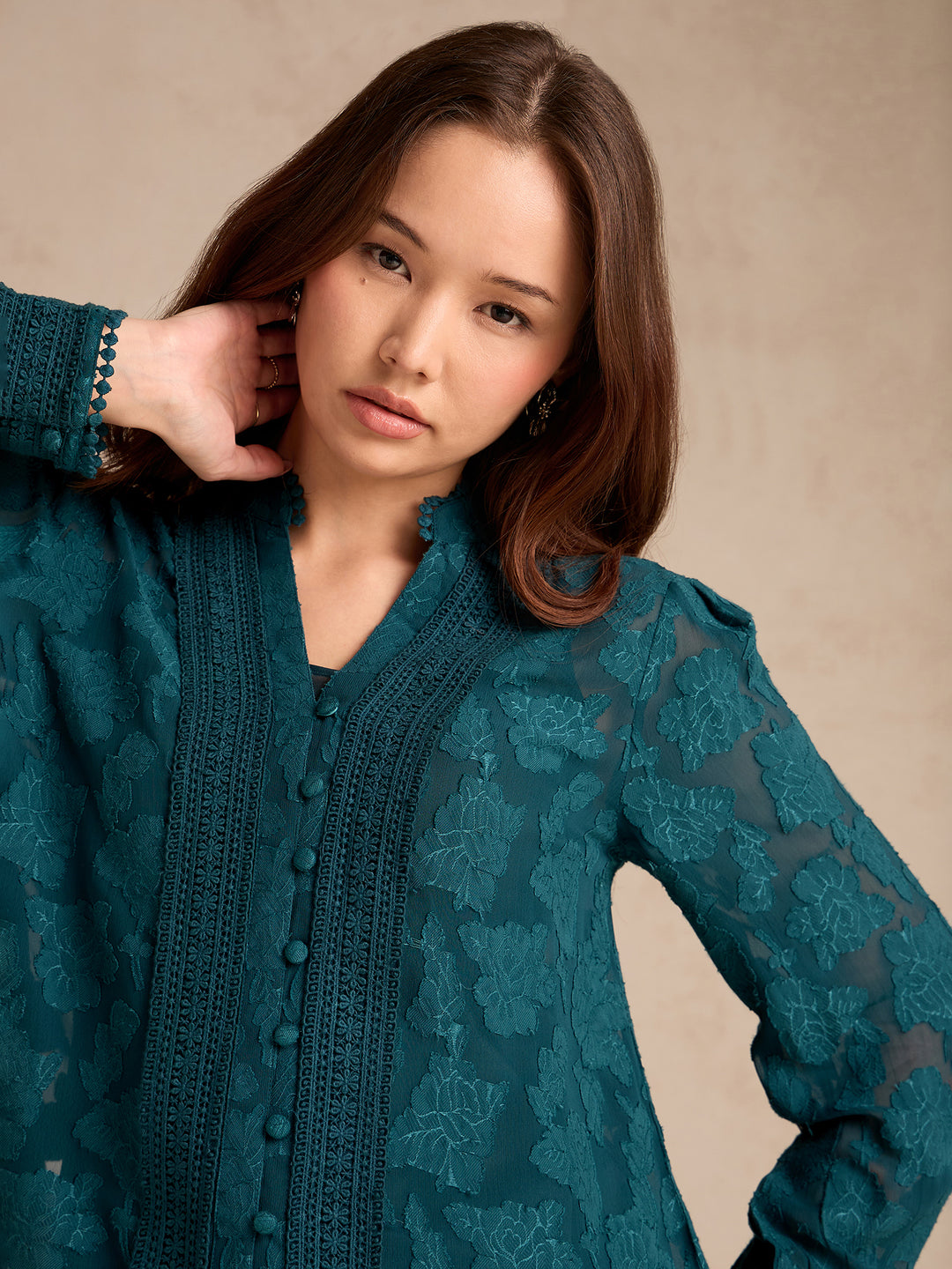 Teal Regular Fit Burnout Fabric Blouse With Lace Details