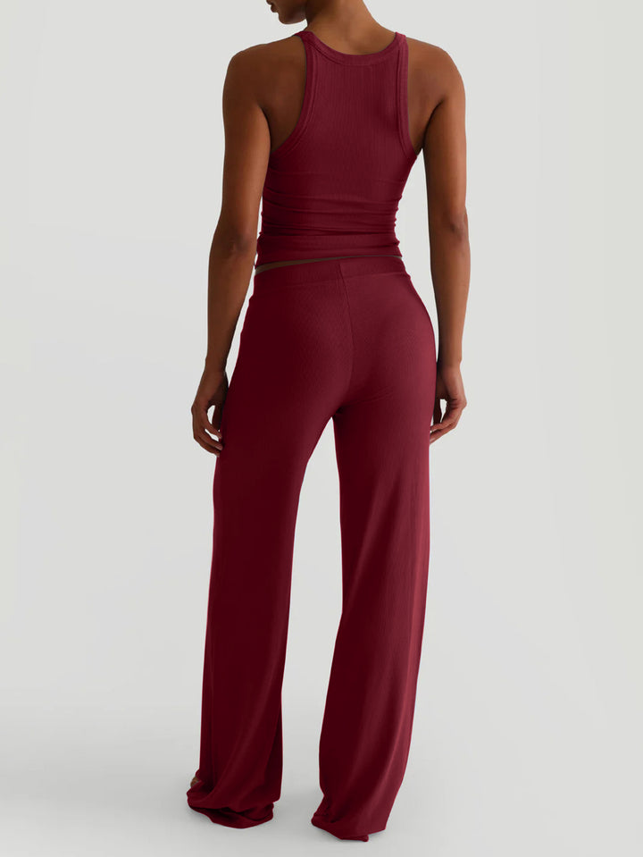 Wine Shoulder Strap Solid Top And Pant Set