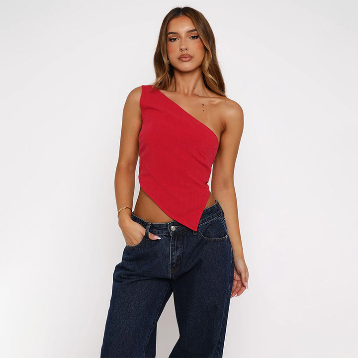 Red One Shoulder Assymetric Hem Top