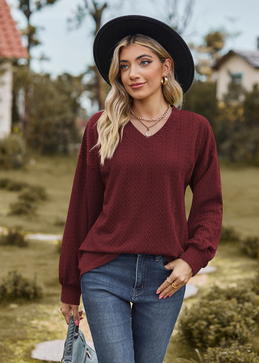 Maroon Bishop Sleeve V Neck Sweatshirt