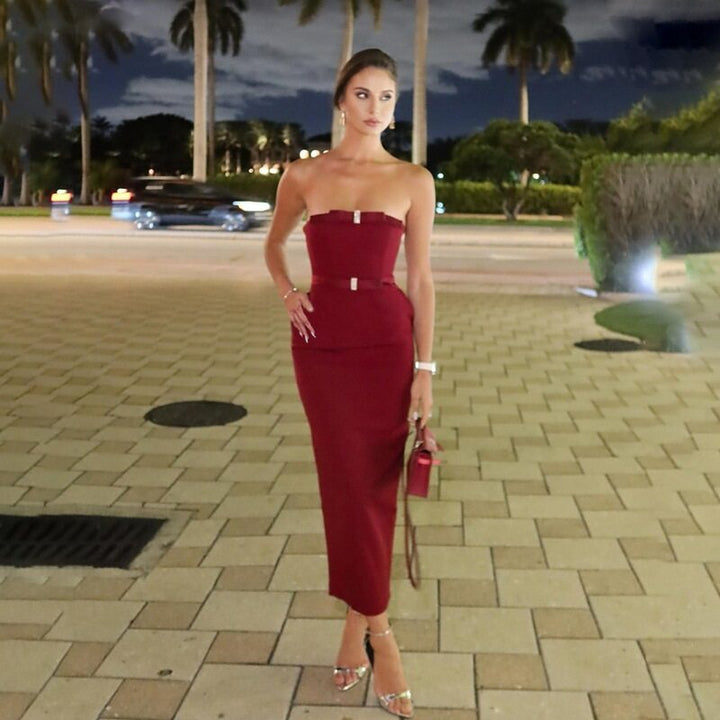 Red Strapless Bow Detailed Dress