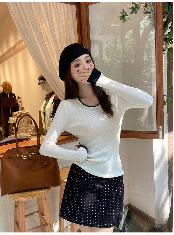 White Full Sleeve Contrast Hem Top