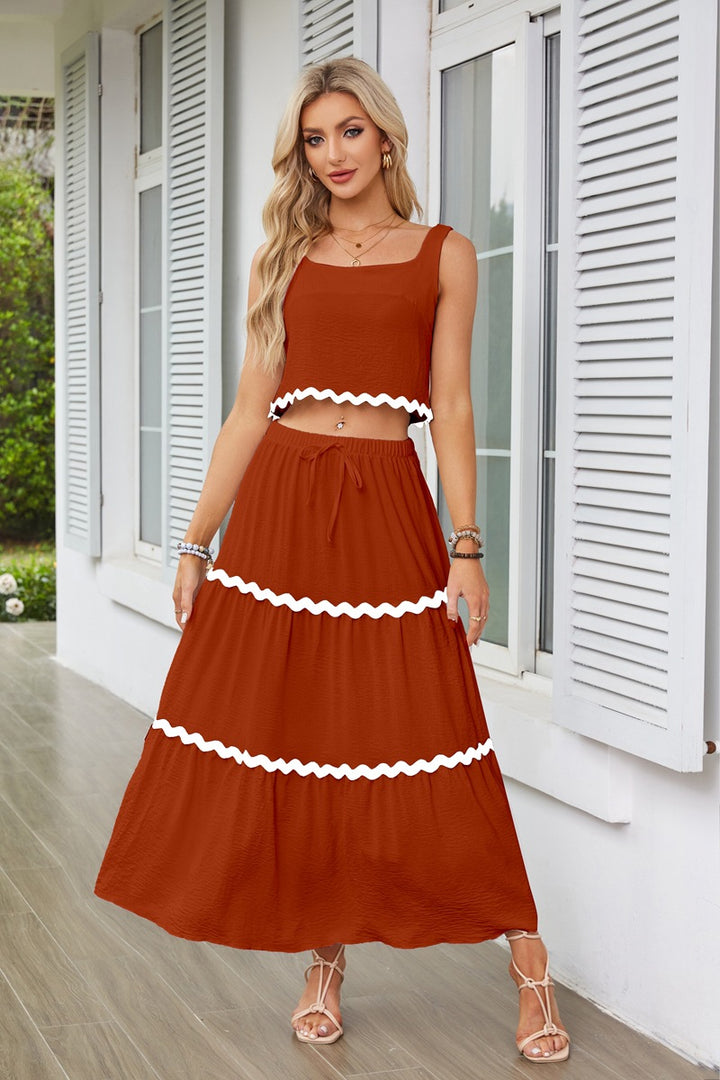 Rust Contrast Tipping Top And Skirt Co-Ord Set