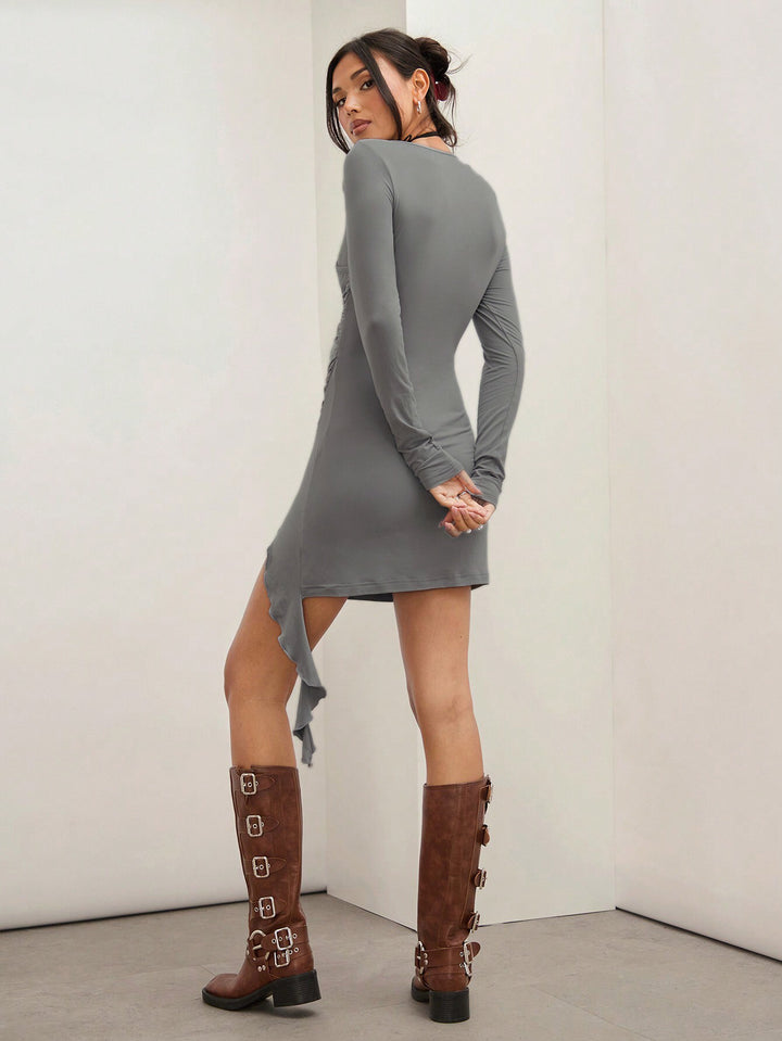 Grey Full Sleeve Side Ruched Dress