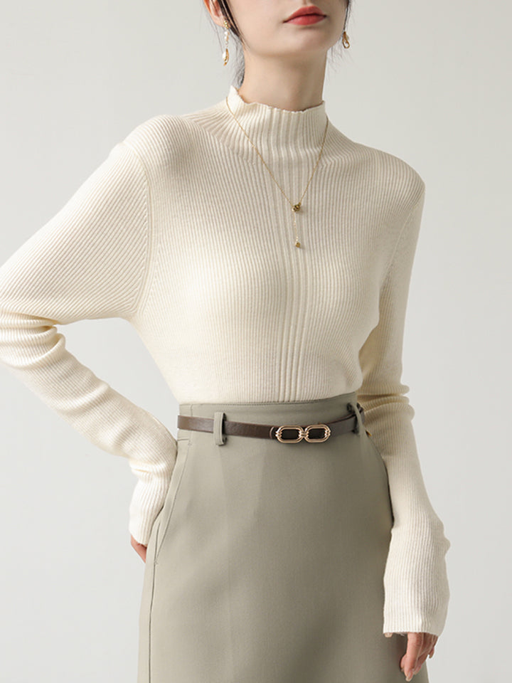 Cream Full Sleeve Mock Neck Fitted Sweater