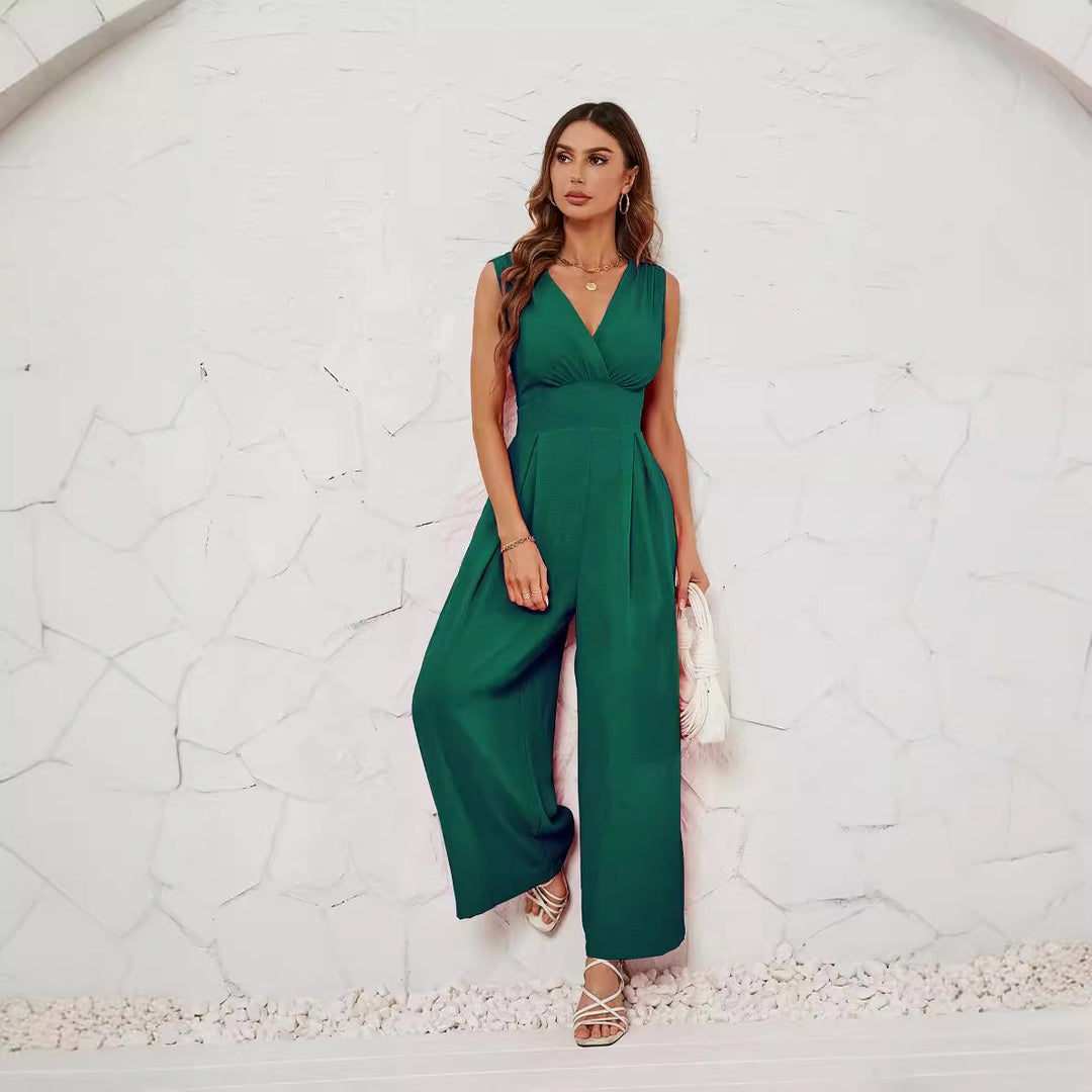 Green Wrap Neck Sleeveless Jumpsuit