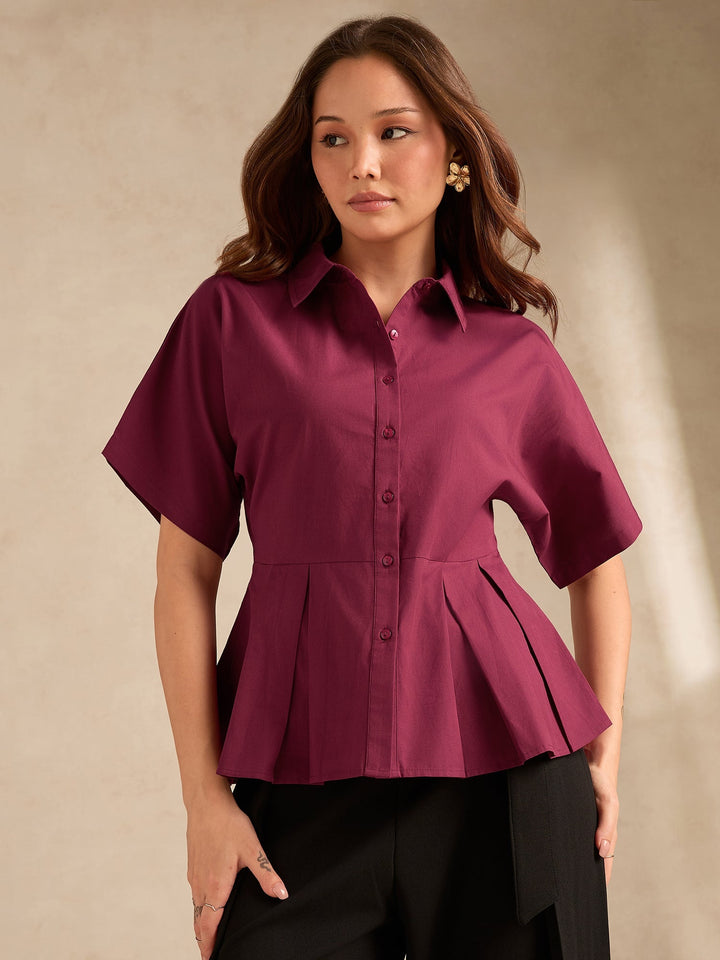 Wine Cinched Waist Utility Blouse