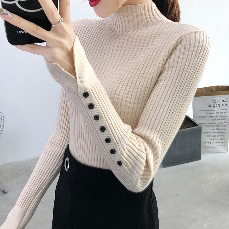 Beige High Neck Top with Sleeve Buttons