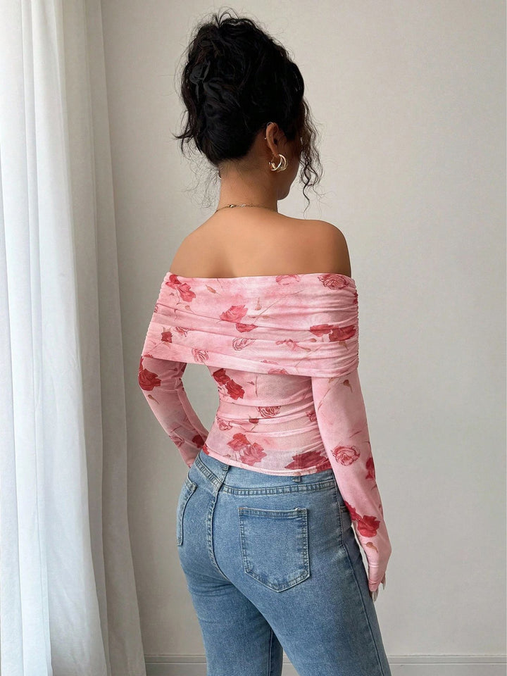 Pink Full Sleeve Asymmetrical Hem Printed Top