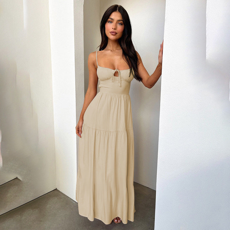 Beige  Bust Gathering Back Tie Up Flared Dress