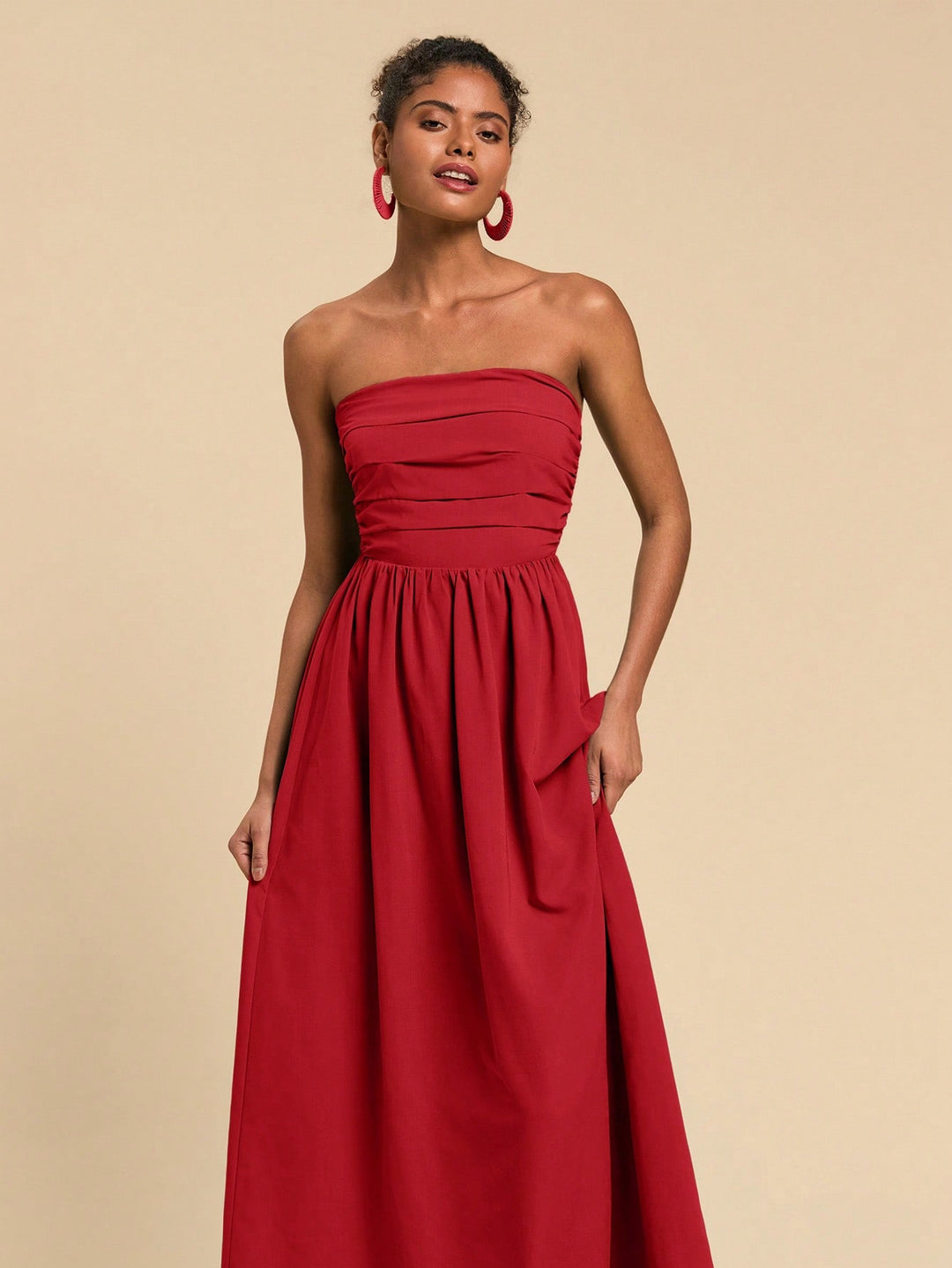 Red Tube Solid Maxi Ruched Dress