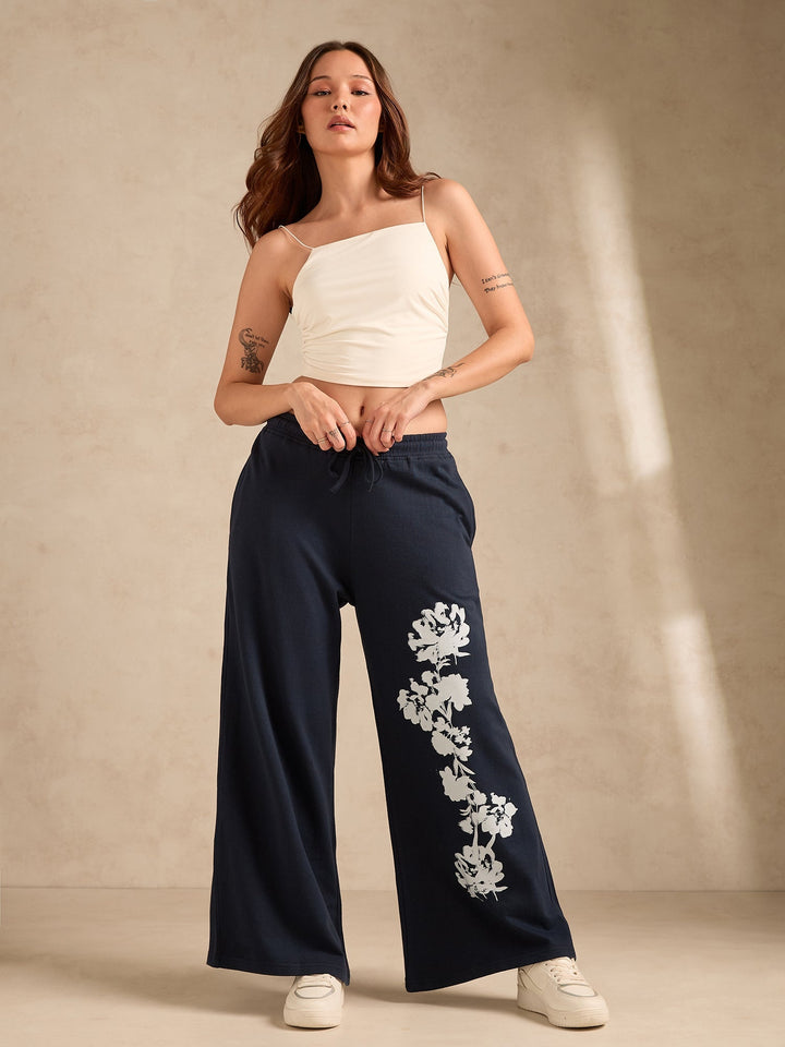 Navy Blue Cuffed Jogger With Side Graphic Print