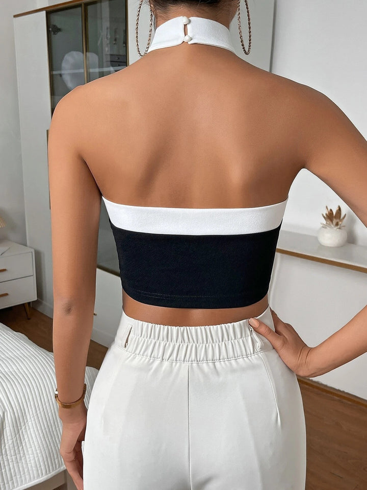 Black Contrast Hem Cross Halter Neck Top