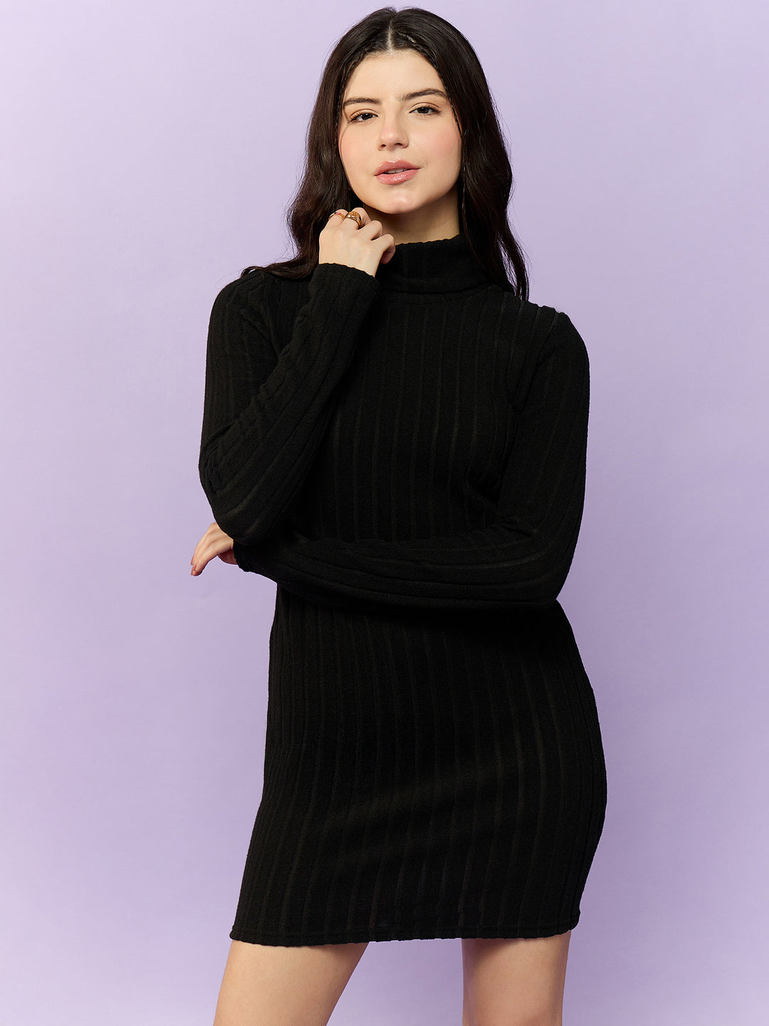 Black High Neck Solid Bodycon Dress
