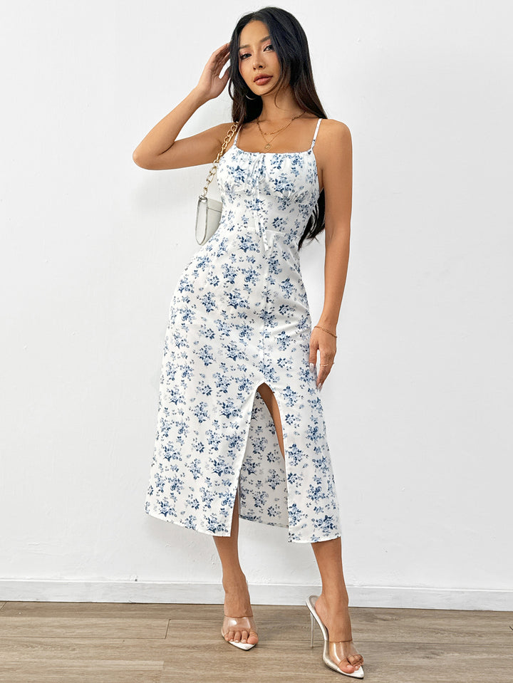 Blue Printed Spaghetti Strap Slit Dress