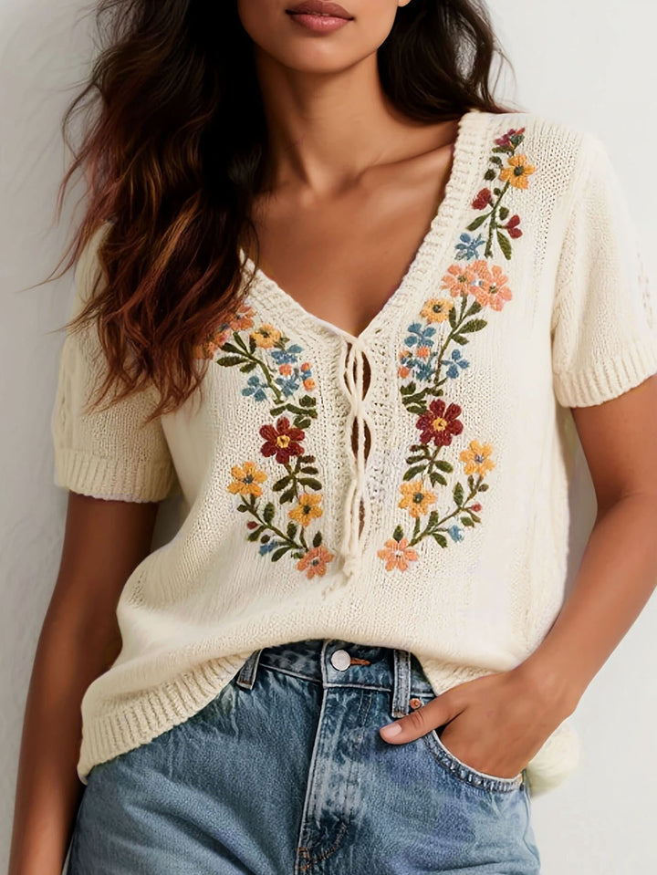 White Short Sleeve Embroidered Top