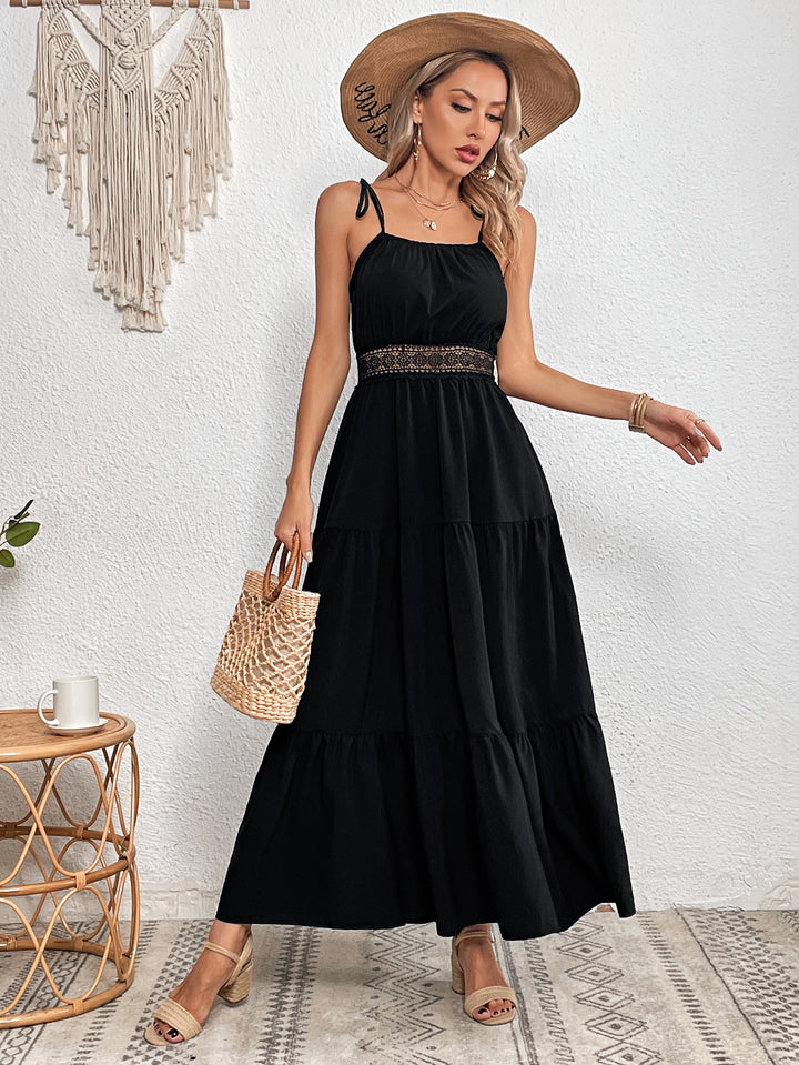 Black Strapy Lace Tiered Flared Dress