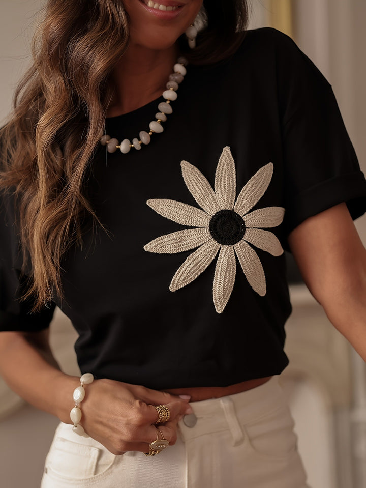 Black Short Sleeve Floral Embroidered Top