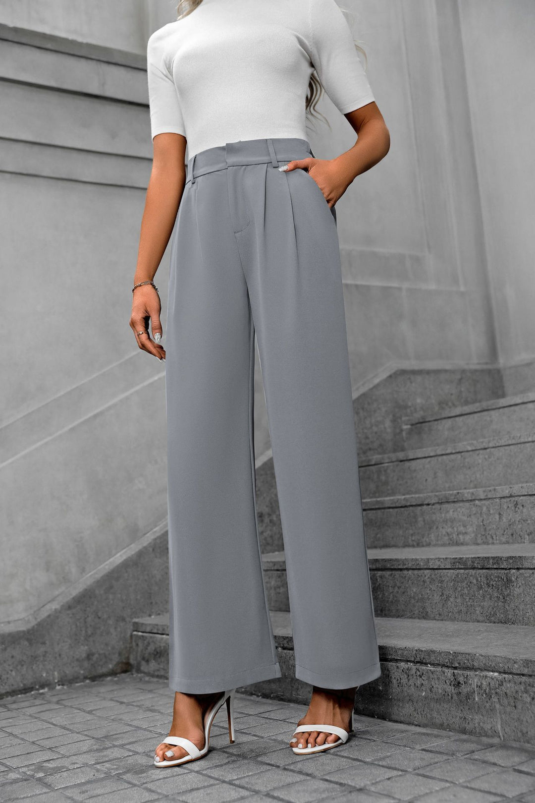 Grey Waist Band Pleated Straight Fit Pants