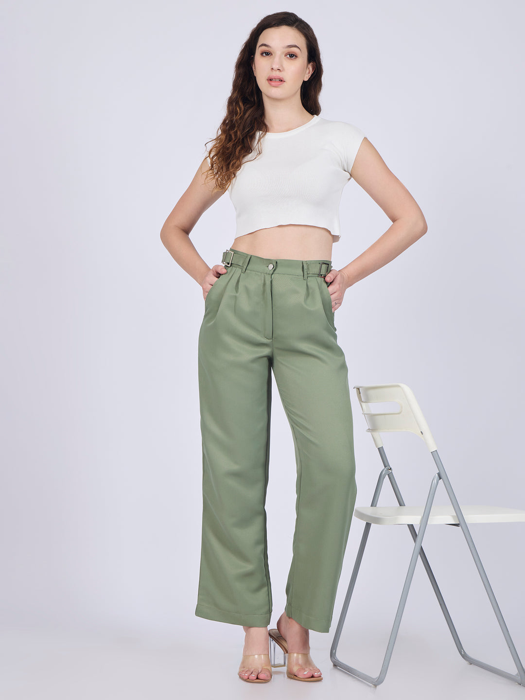 Olive Side Tabs Wide Leg Trouser