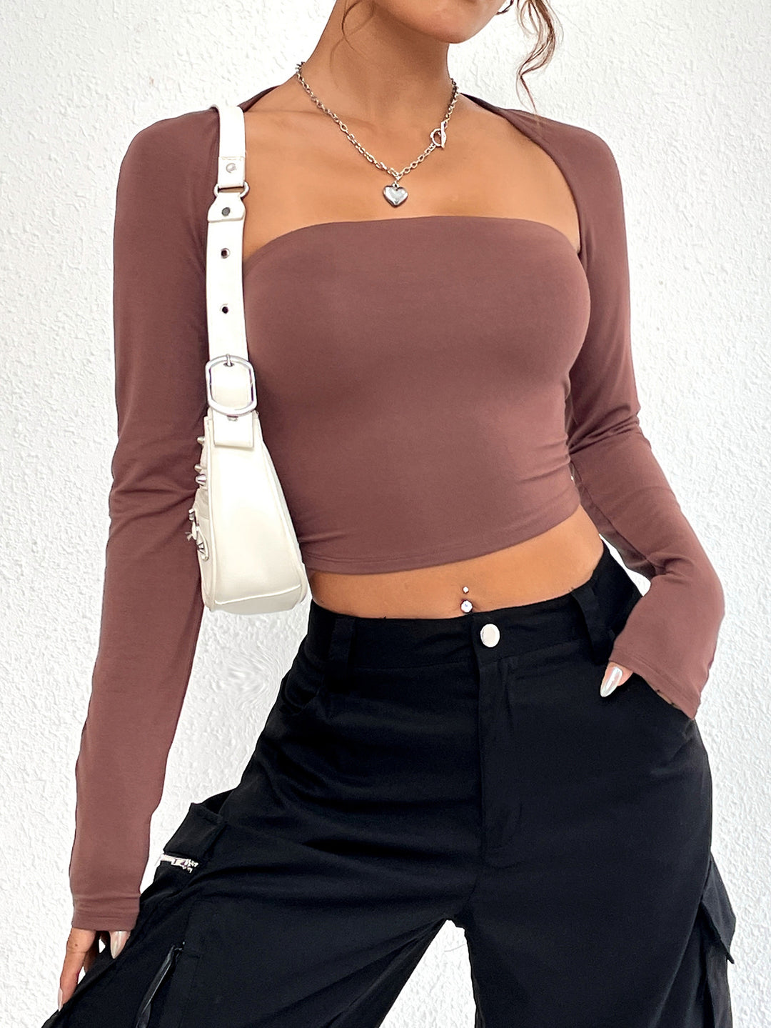 Brown Scoop Sweetheart Neckline Fitted Overlay Style Top