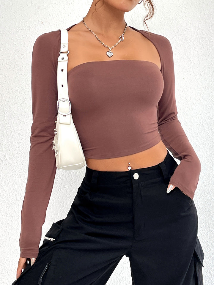 Brown Scoop Sweetheart Neckline Fitted Overlay Style Top