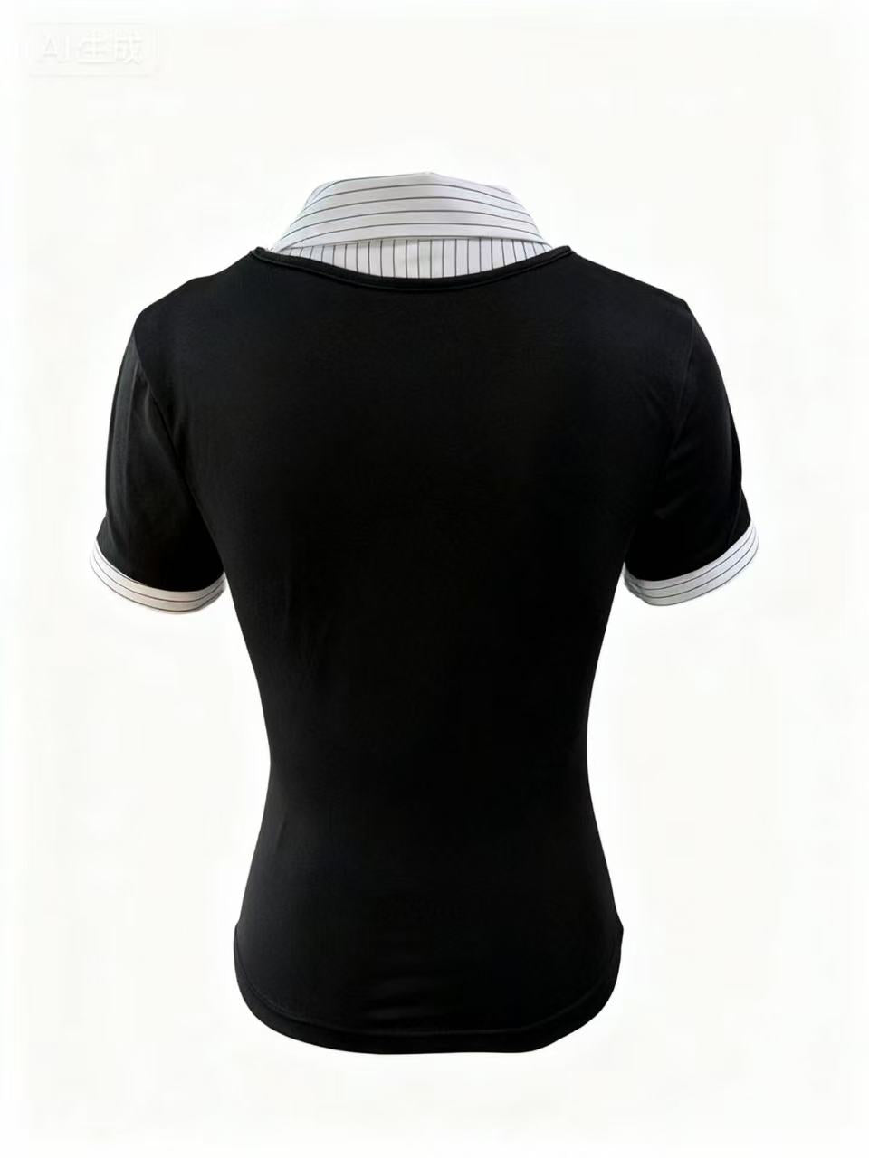 White Short Sleeve Contrast Collar Fitted Top