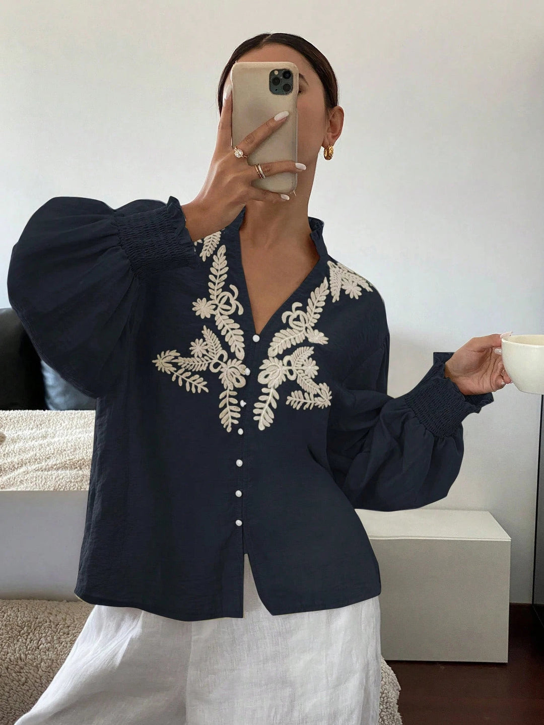 Navy Blue Bishop Sleeve V Neck Embroidered Top