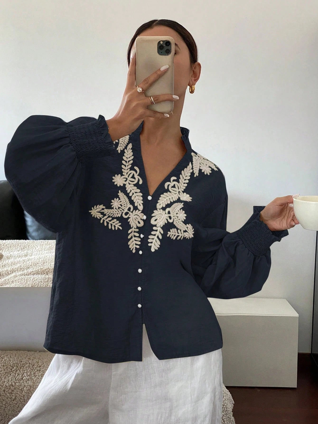 Navy Blue Bishop Sleeve V Neck Embroidered Top