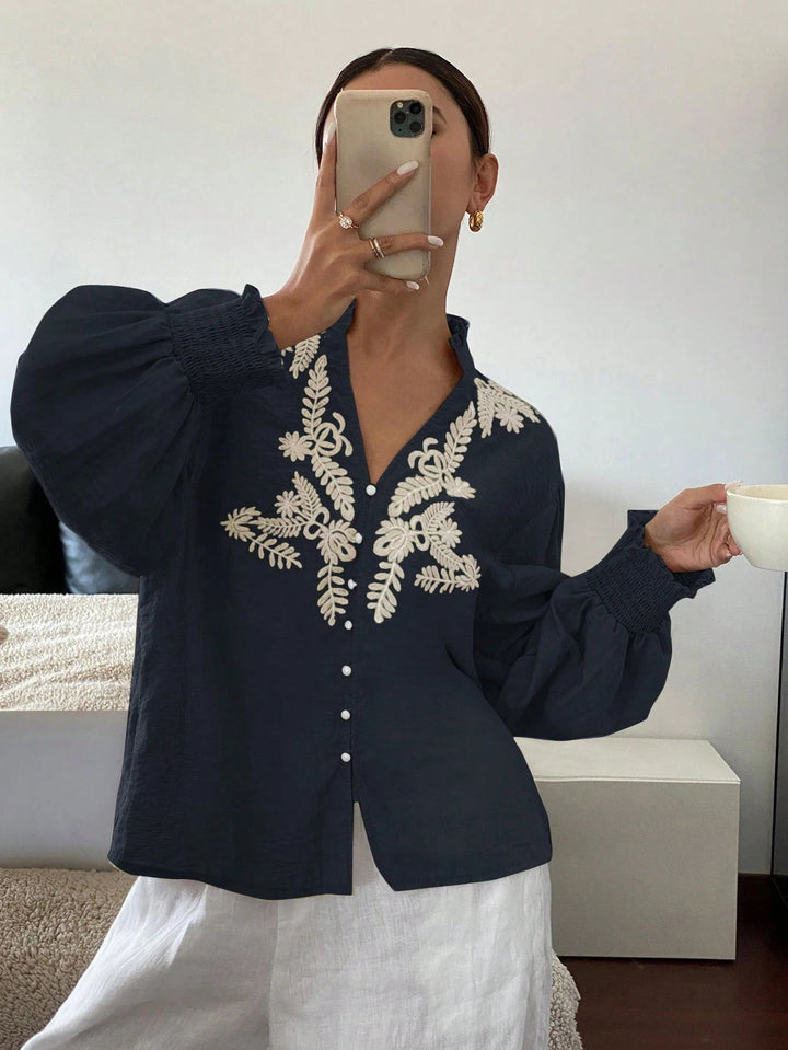 Navy Blue Bishop Sleeve V Neck Embroidered Top