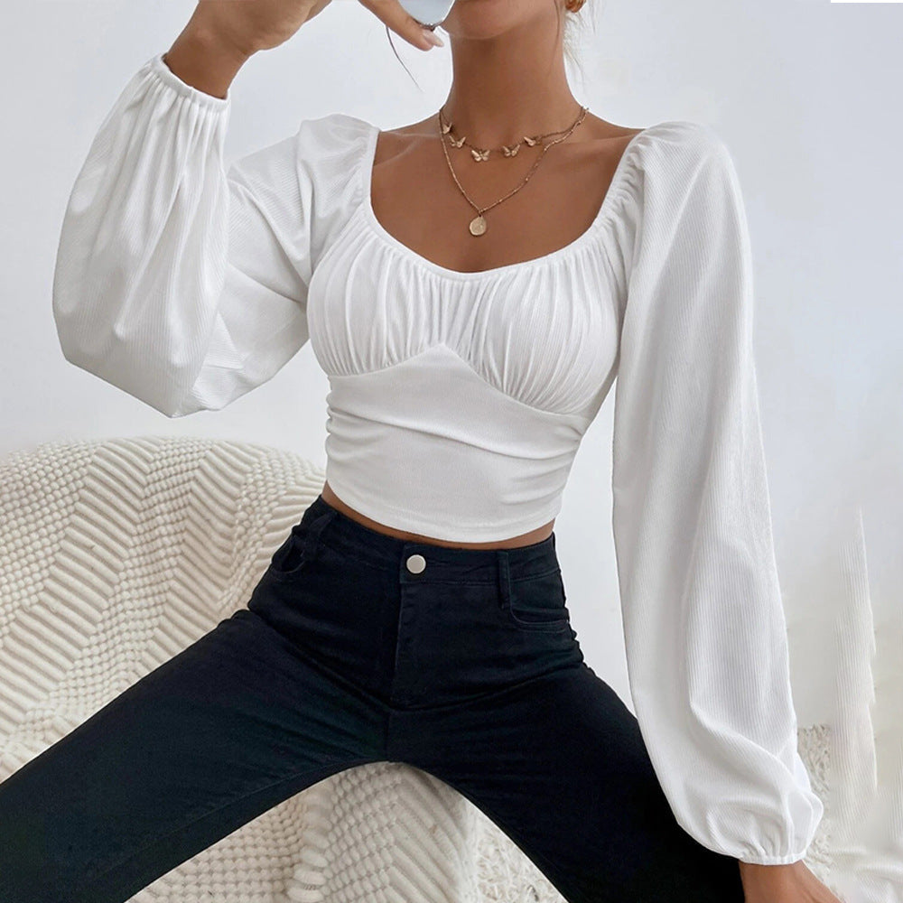 White Full Sleeved Scoop Neck Top