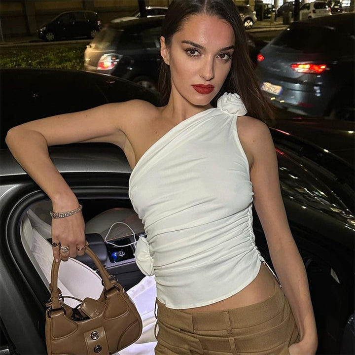 White One Shoulder 3D Flower Top