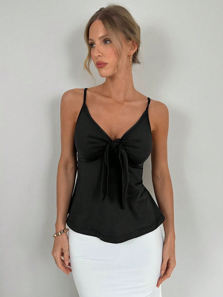 Black Strappy Front Knotted Cami Top