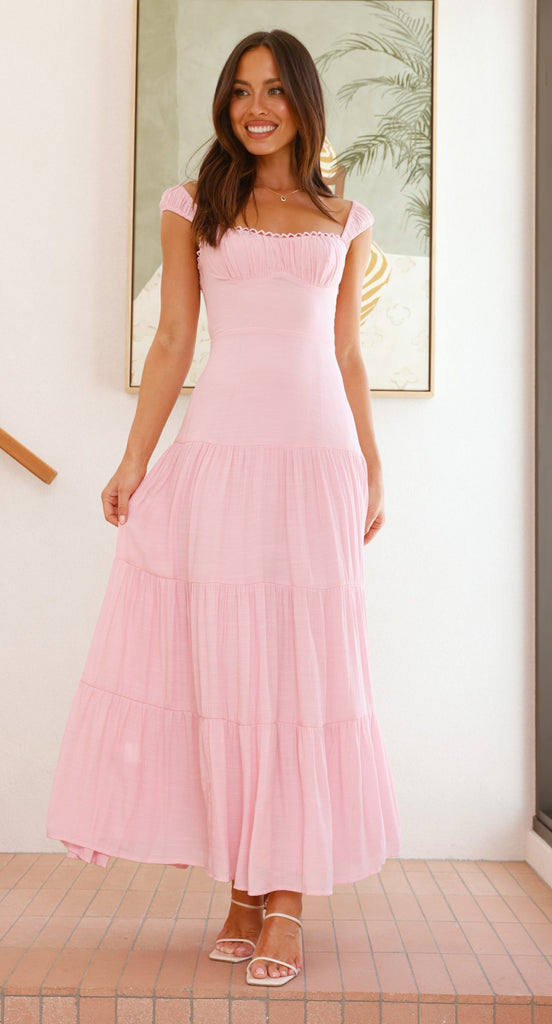 Pink Strappy Solid Tiered Dress