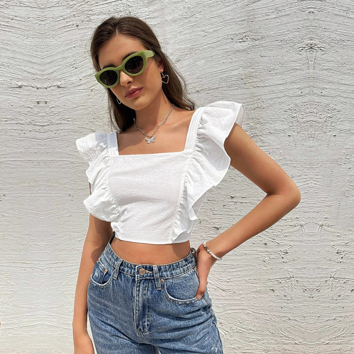 White Square Neck Ruffle Crop Top