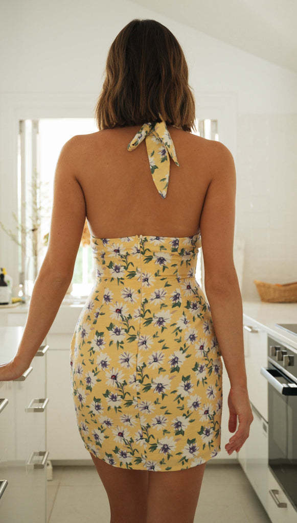 Yellow Printed Plunge Neck With Metal Ring Dress