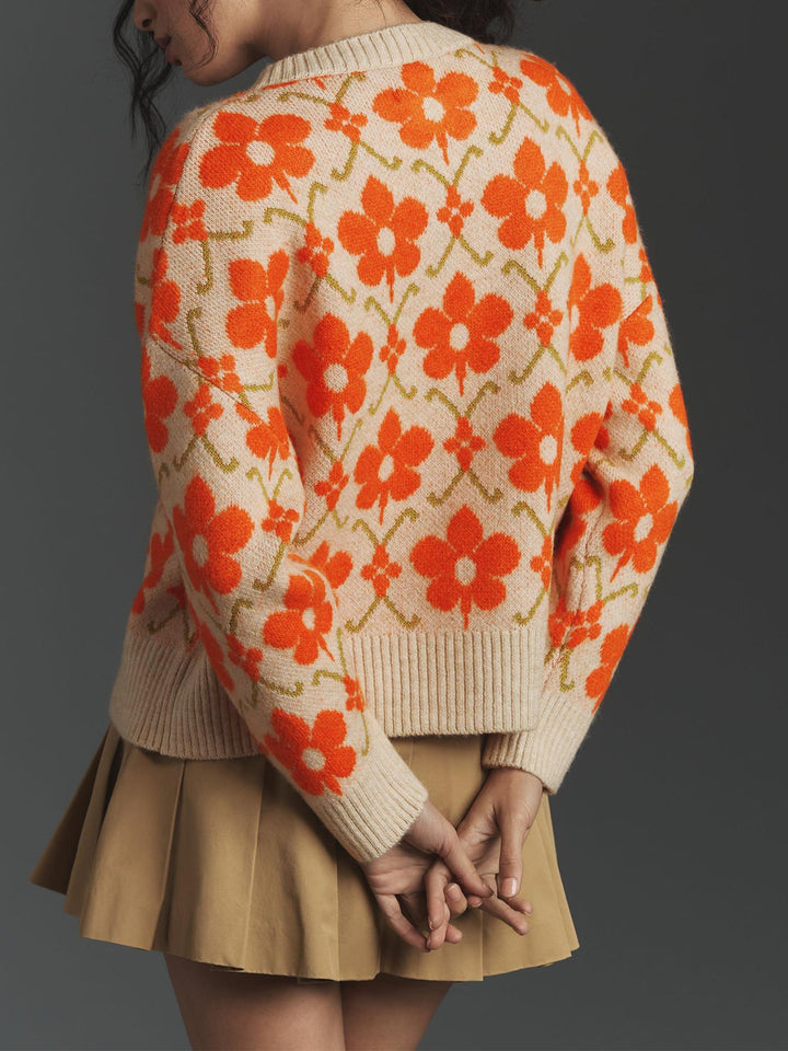 Orange Full Sleeves Printed Slouchy Cardigan