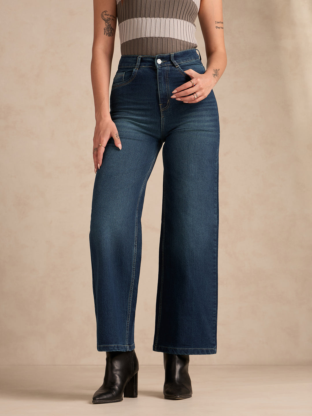 Blue Jean Flared High-Rise Low Distress Heavy Fade Stretchable Jeans