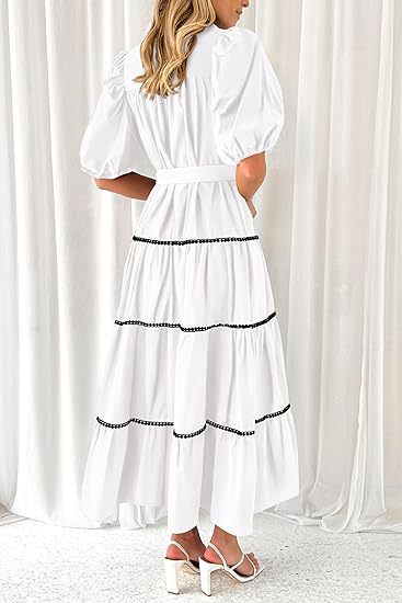 White Button Down Puff Sleeved Shirt Dress