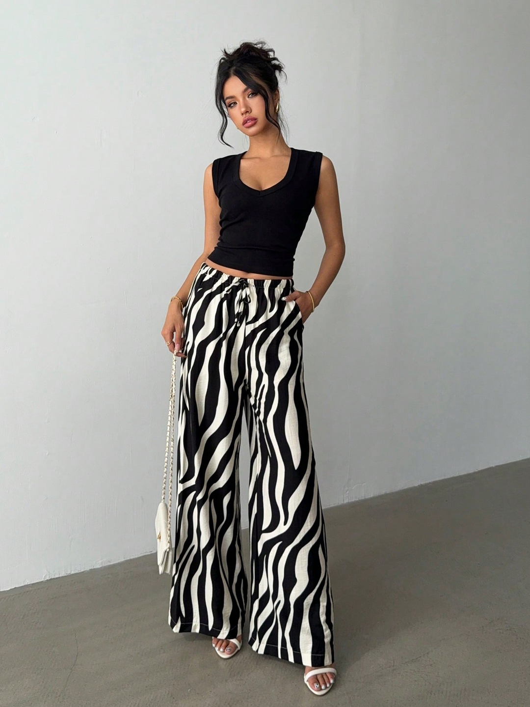 Black Printed Wide Leg Trouser