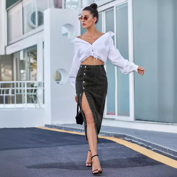 Black Side Button Down Denim Skirt