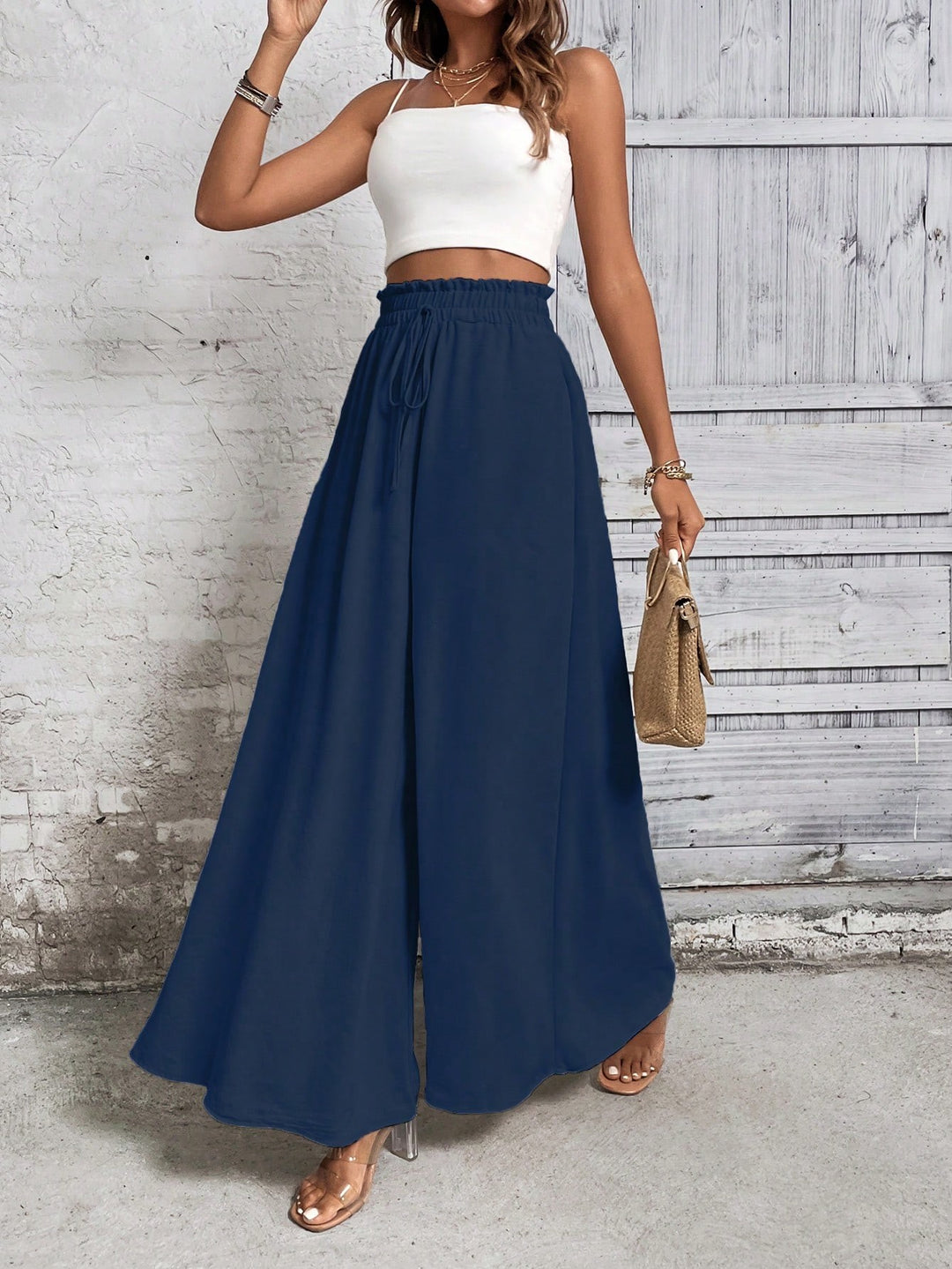 Blue Smocked Waist Pull Up Trouser