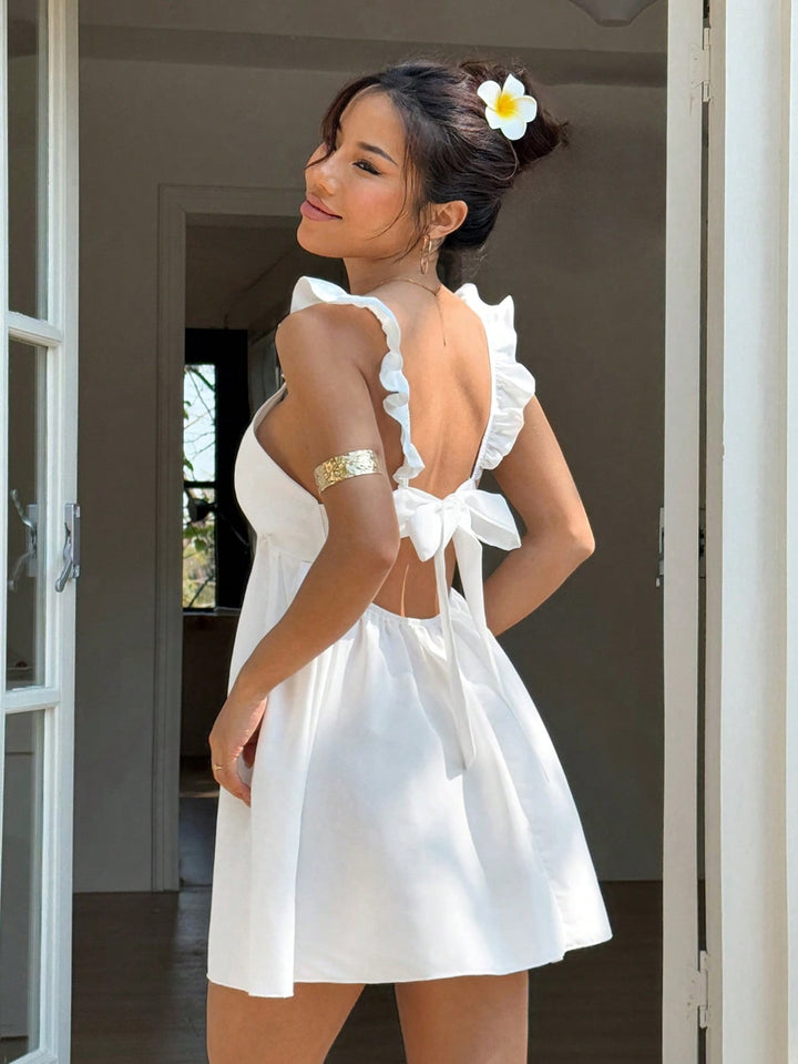 White Ruffle Sleeve V-Plunging Neck Dress